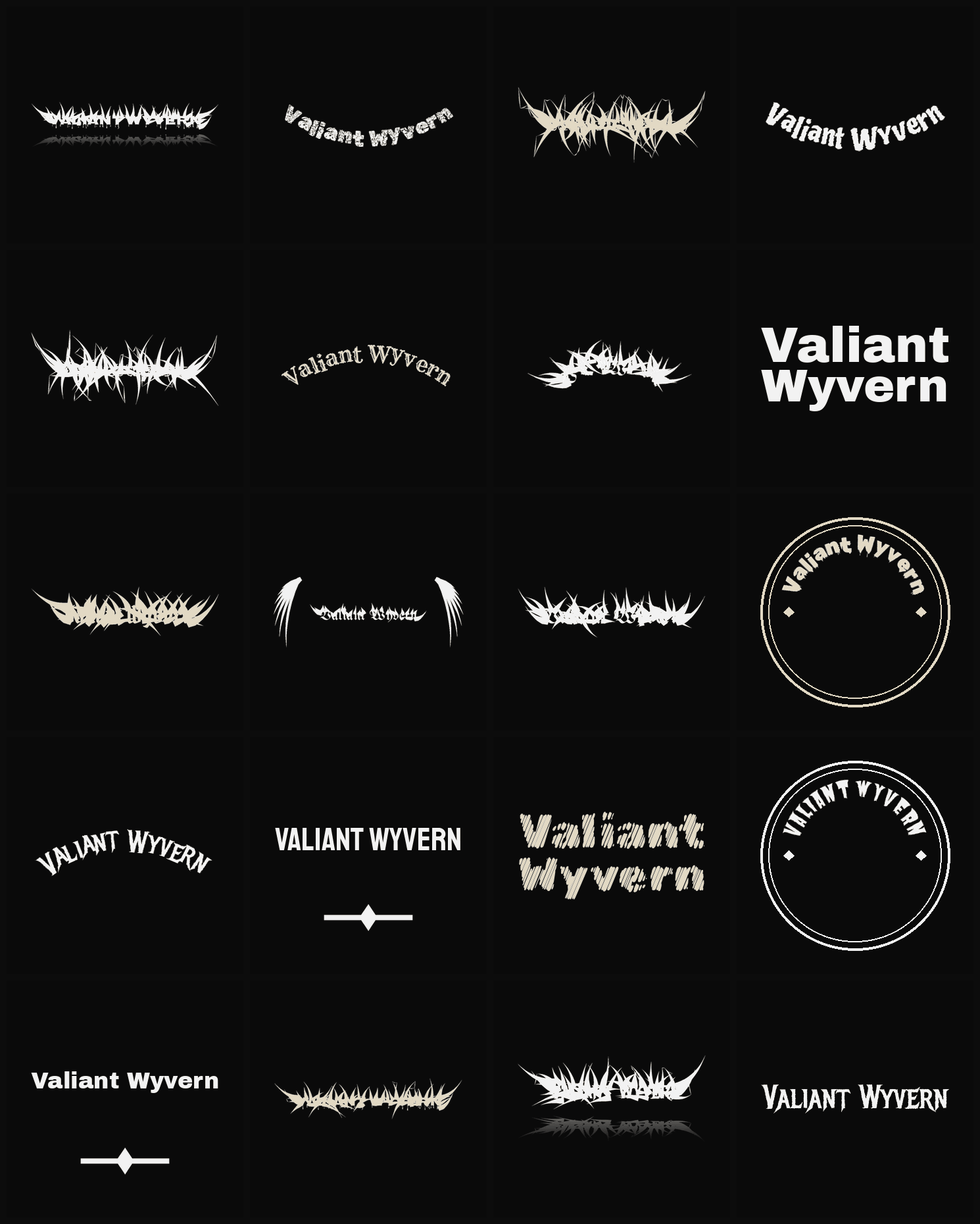 Twenty Valiant Wyvern band logo ideas — different faces, treatments and spike settings