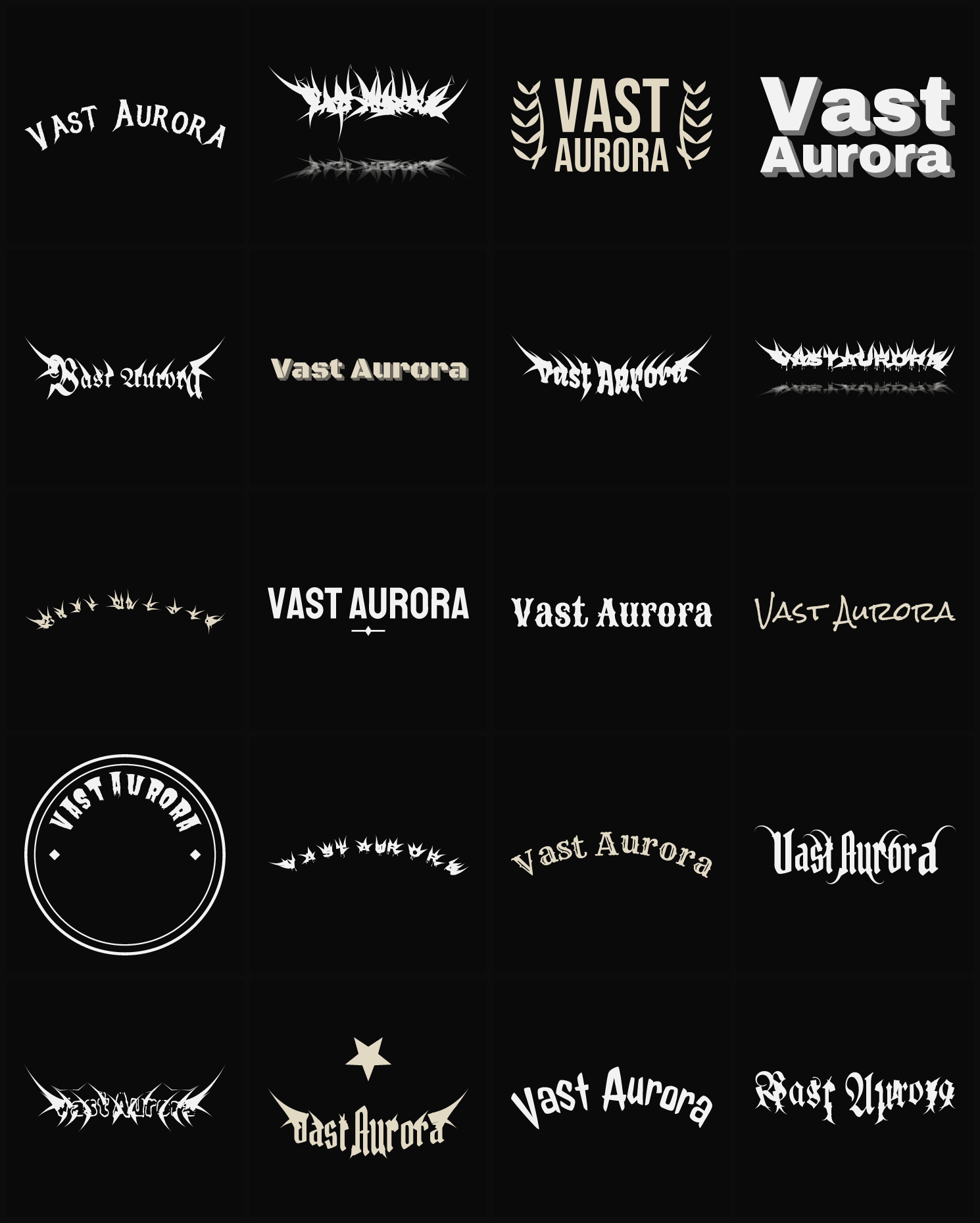Twenty Vast Aurora band logo ideas — different faces, treatments and spike settings