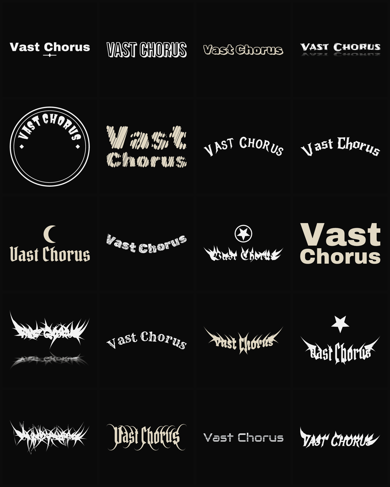 Twenty Vast Chorus band logo ideas — different faces, treatments and spike settings