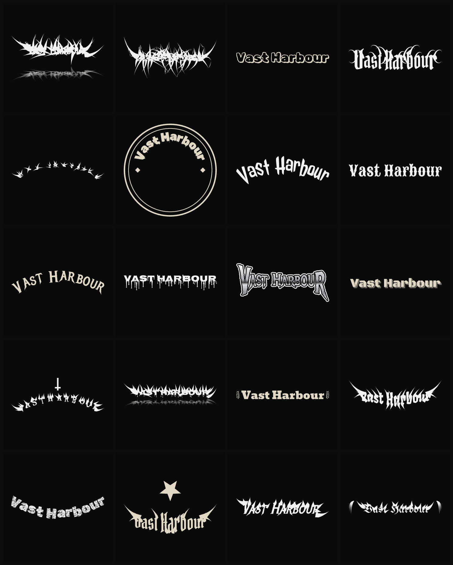 Twenty Vast Harbour band logo ideas — different faces, treatments and spike settings