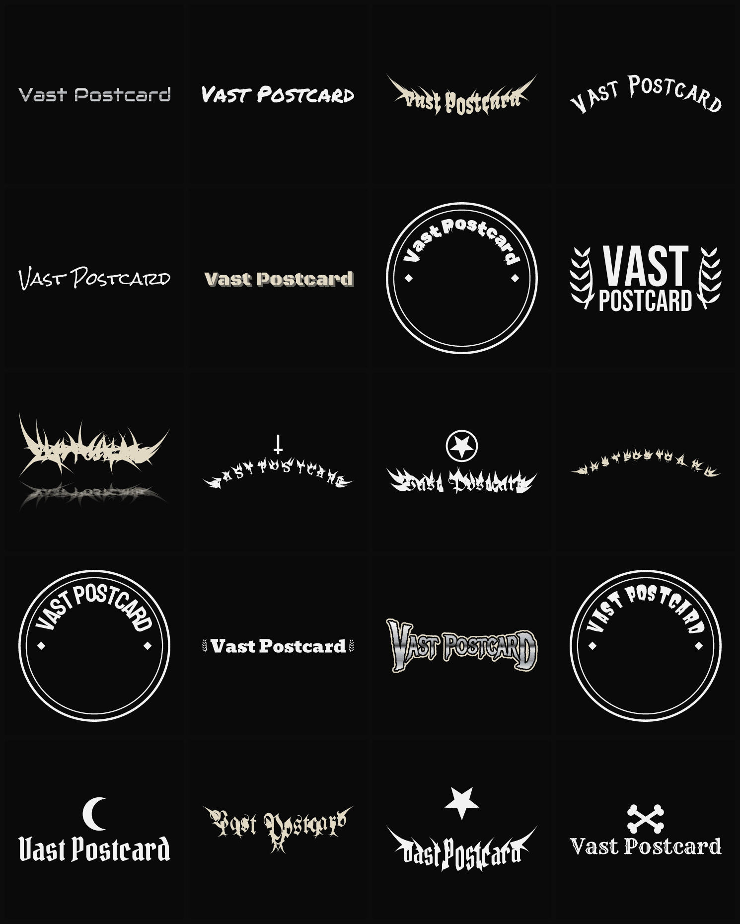 Twenty Vast Postcard band logo ideas — different faces, treatments and spike settings