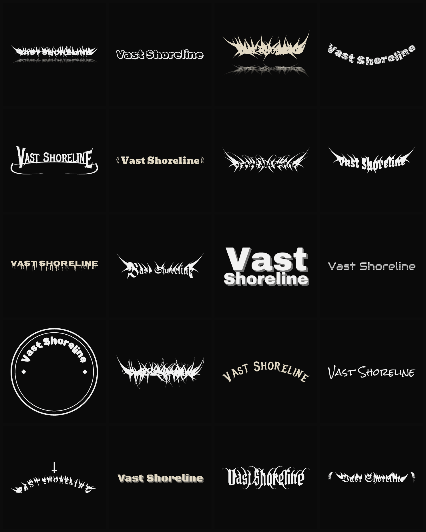 Twenty Vast Shoreline band logo ideas — different faces, treatments and spike settings