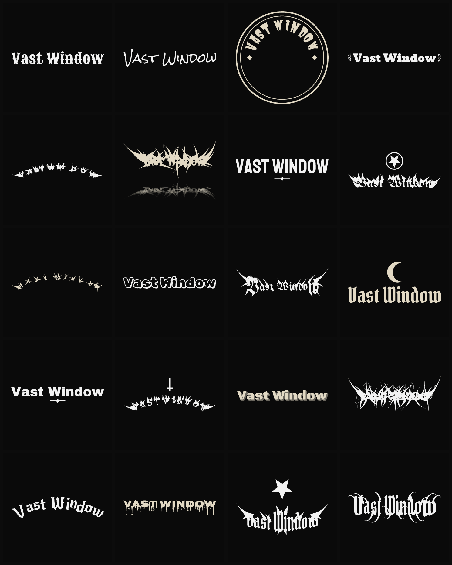 Twenty Vast Window band logo ideas — different faces, treatments and spike settings