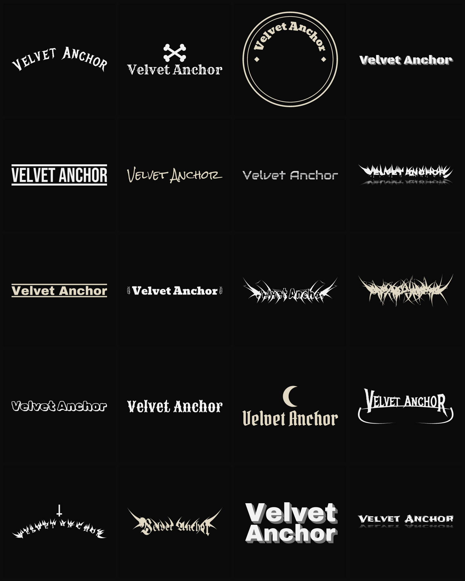 Twenty Velvet Anchor band logo ideas — different faces, treatments and spike settings