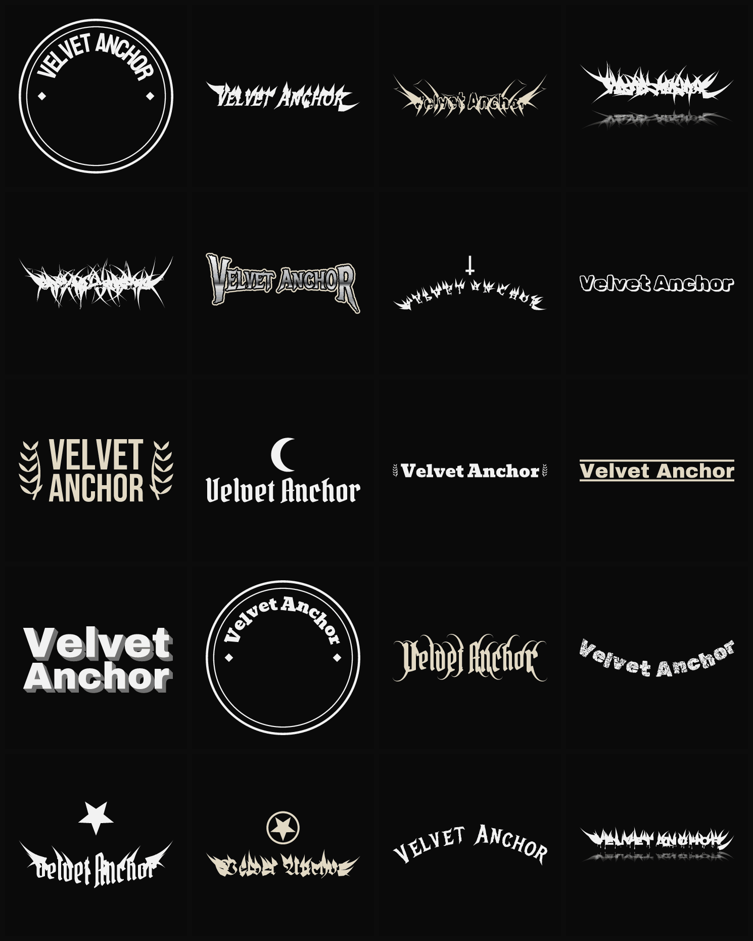 Twenty Velvet Anchor band logo ideas — different faces, treatments and spike settings