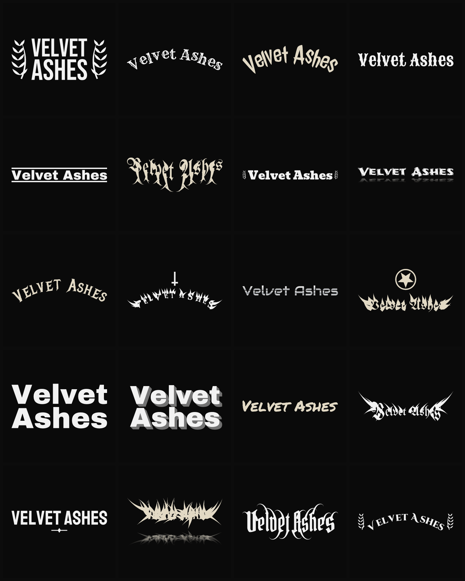 Twenty Velvet Ashes band logo ideas — different faces, treatments and spike settings