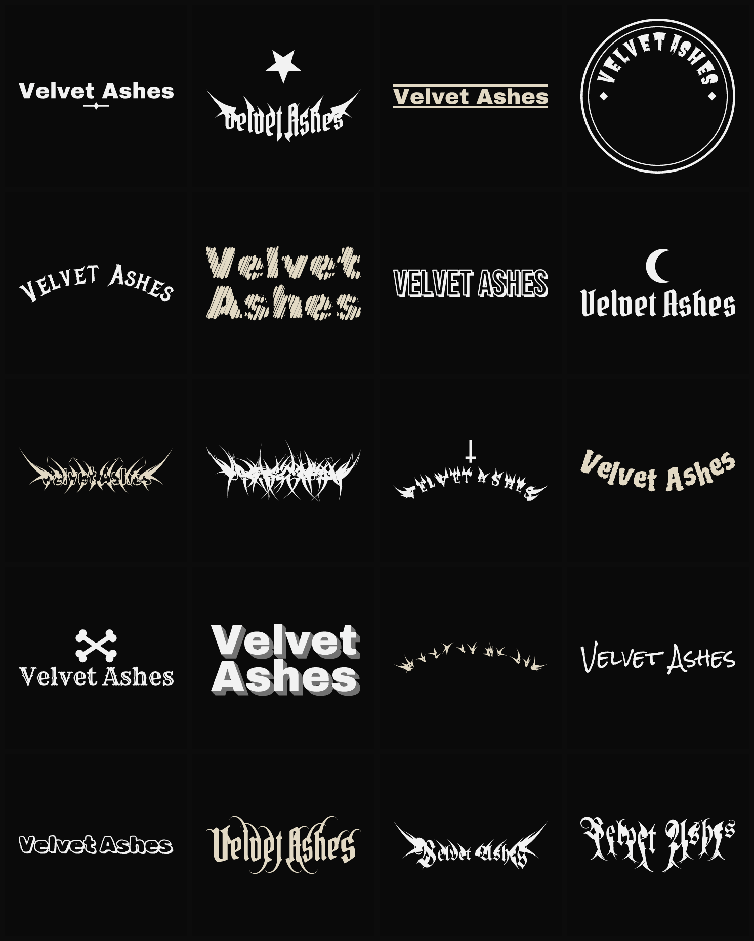 Twenty Velvet Ashes band logo ideas — different faces, treatments and spike settings