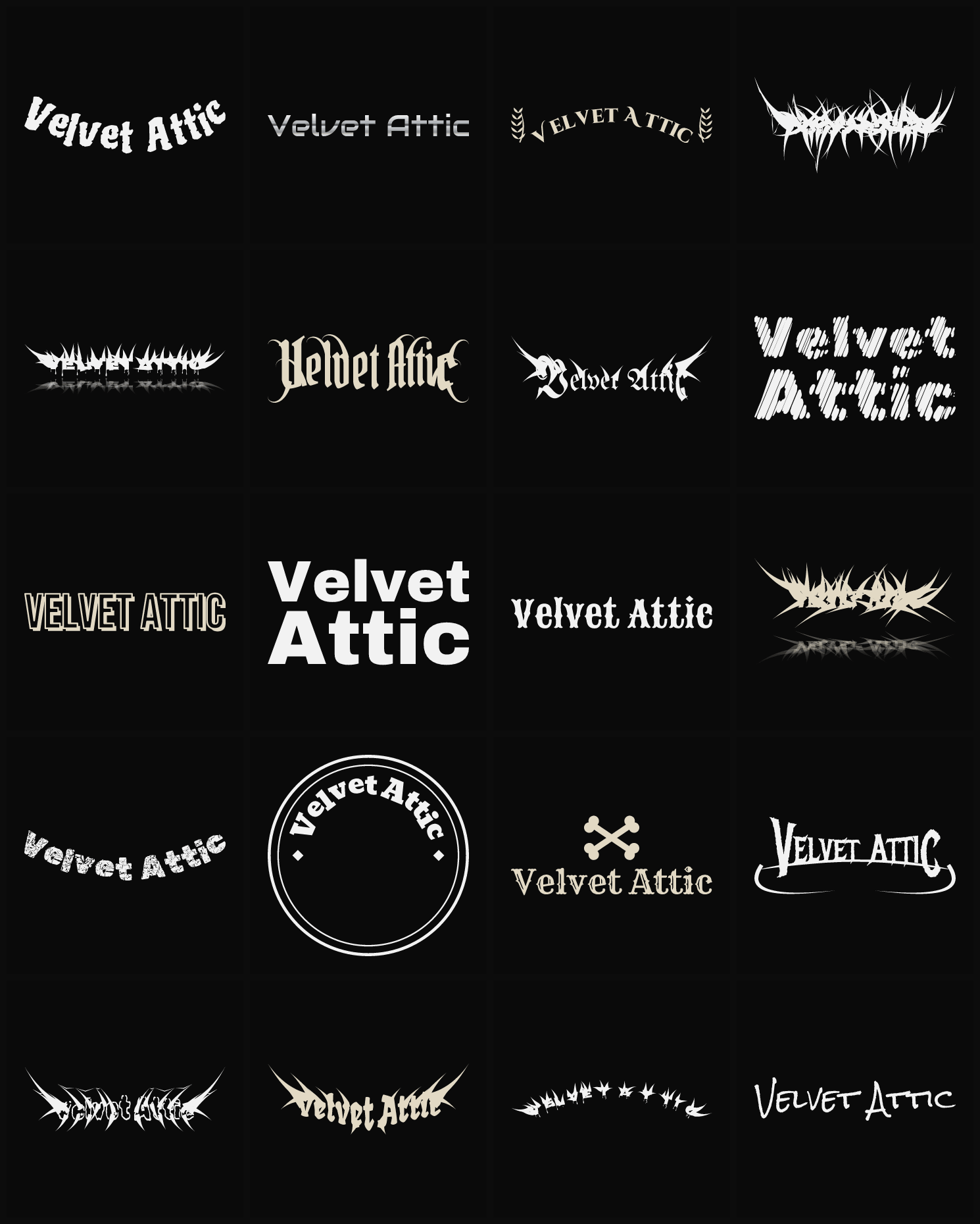 Twenty Velvet Attic band logo ideas — different faces, treatments and spike settings