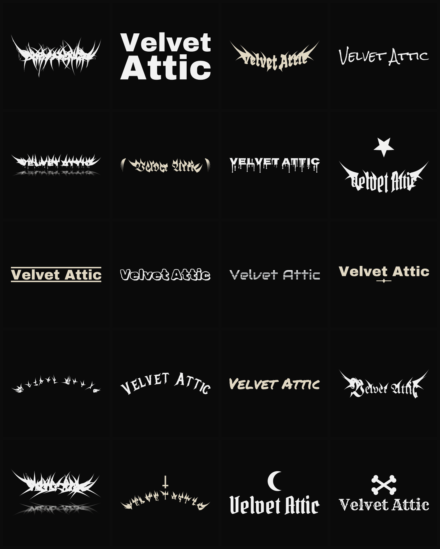 Twenty Velvet Attic band logo ideas — different faces, treatments and spike settings