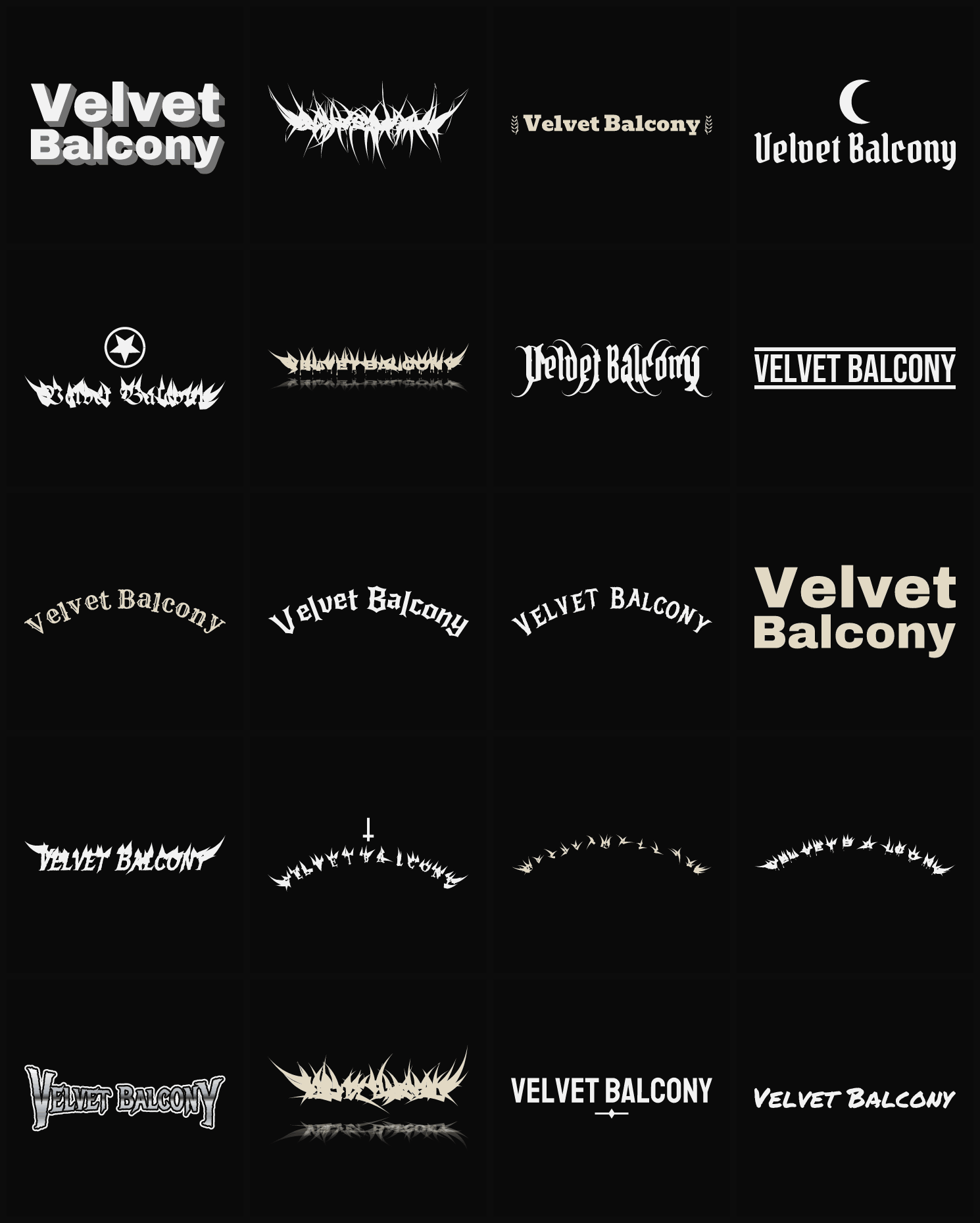 Twenty Velvet Balcony band logo ideas — different faces, treatments and spike settings
