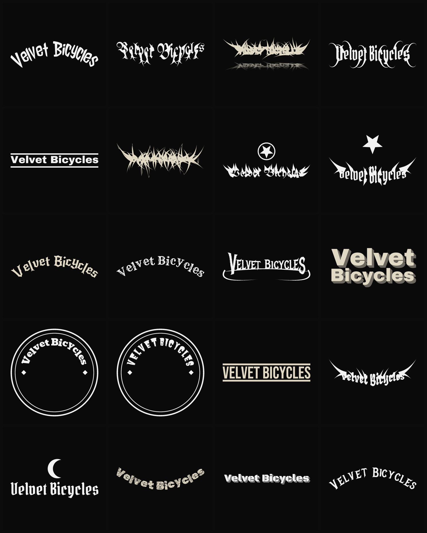 Twenty Velvet Bicycles band logo ideas — different faces, treatments and spike settings
