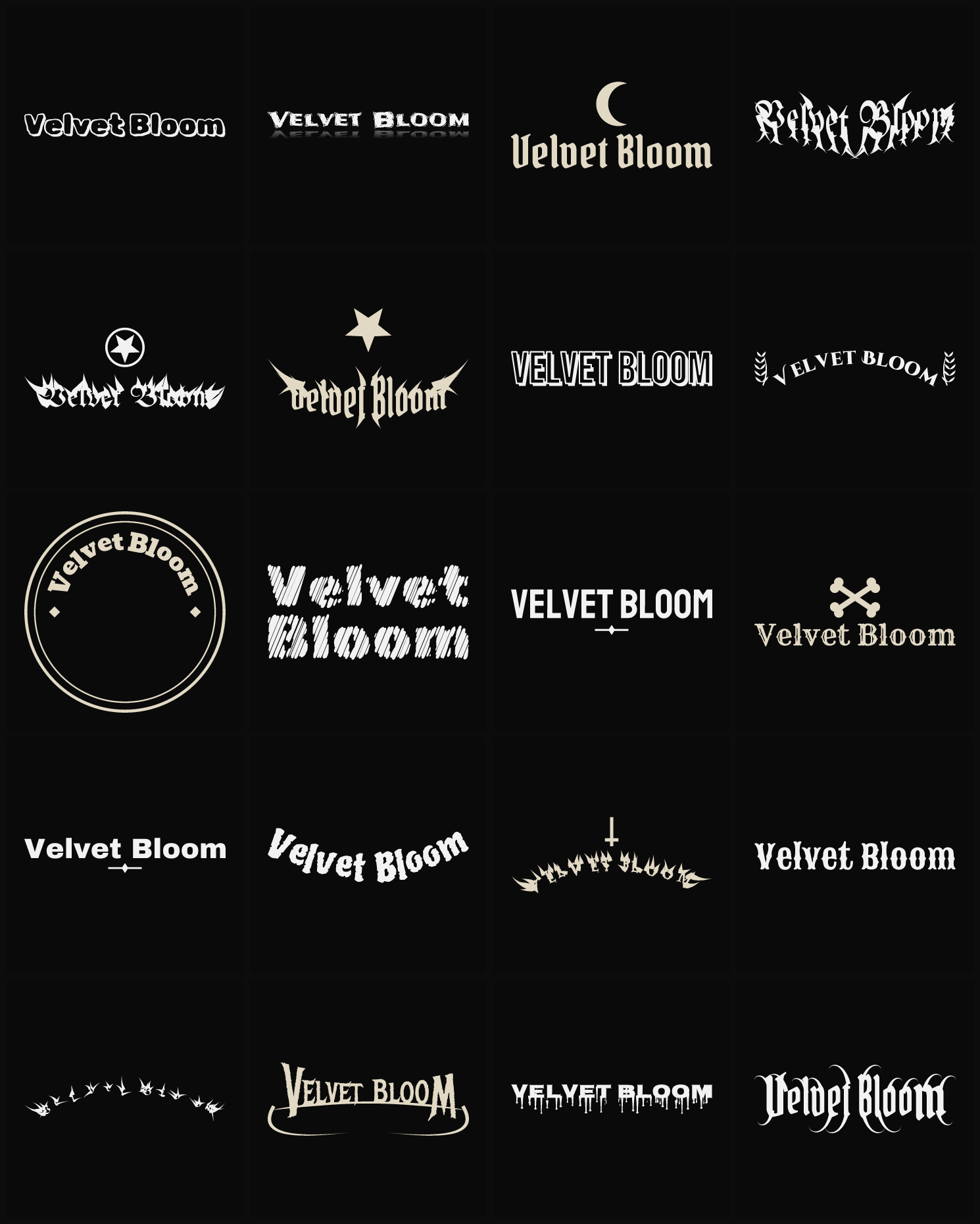 Twenty Velvet Bloom band logo ideas — different faces, treatments and spike settings