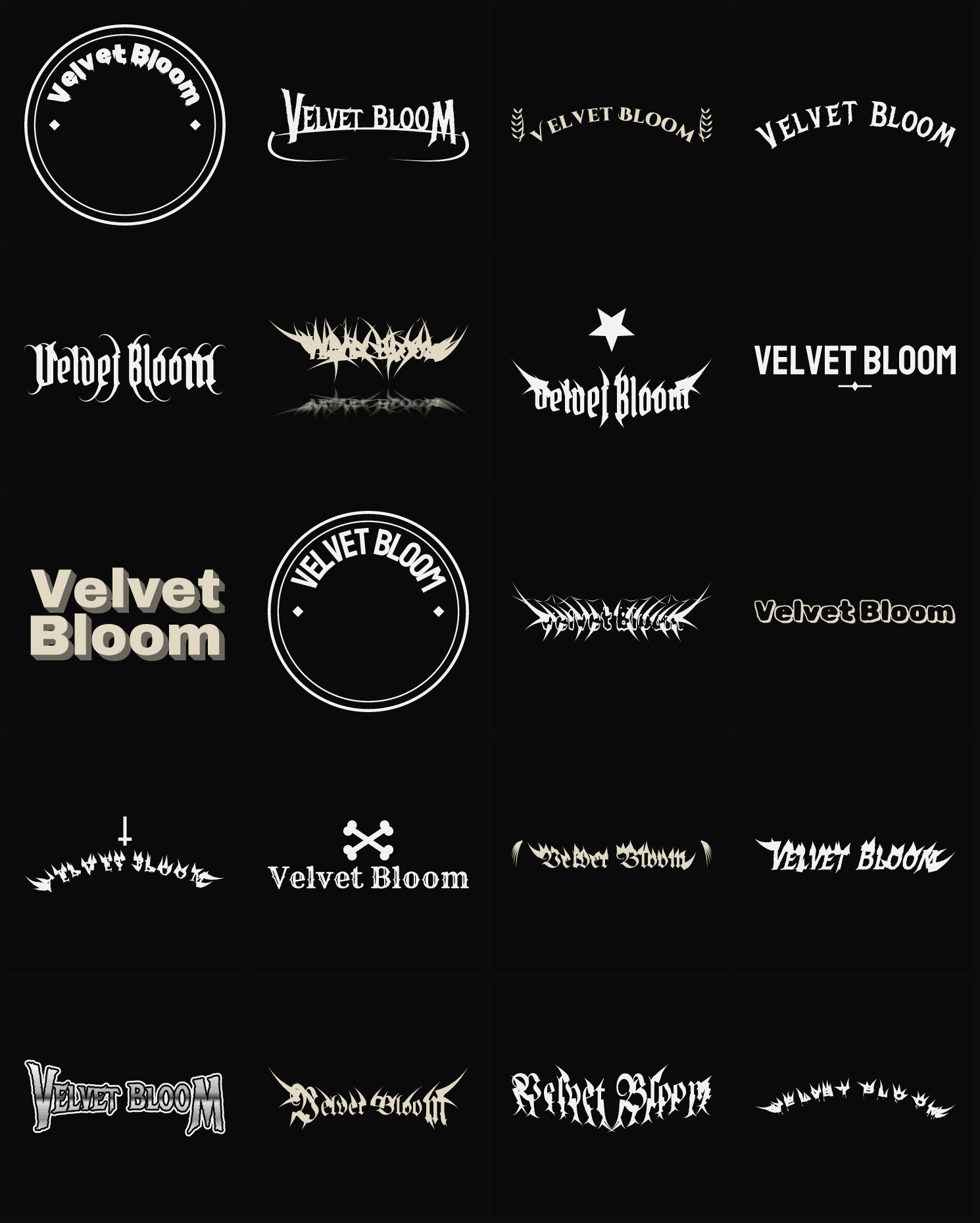 Twenty Velvet Bloom band logo ideas — different faces, treatments and spike settings