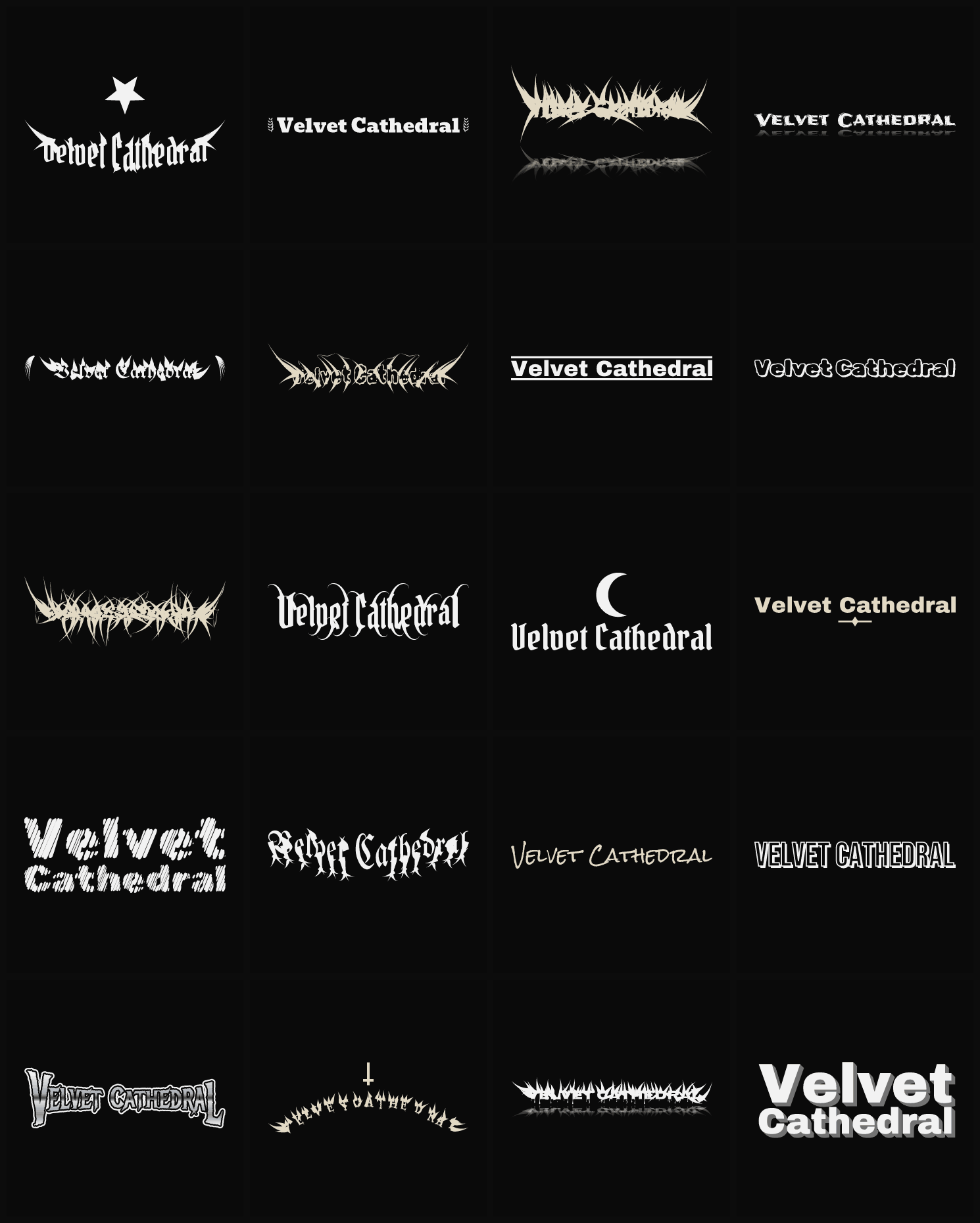 Twenty Velvet Cathedral band logo ideas — different faces, treatments and spike settings