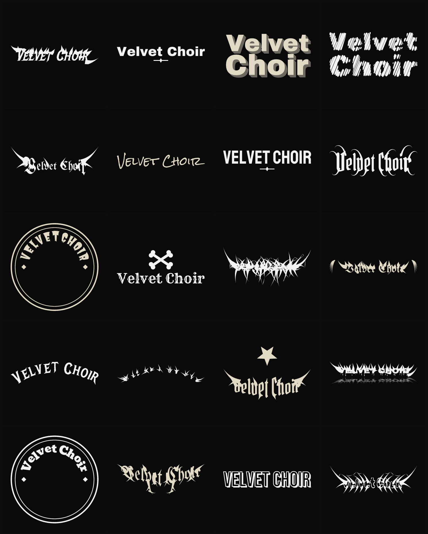 Twenty Velvet Choir band logo ideas — different faces, treatments and spike settings