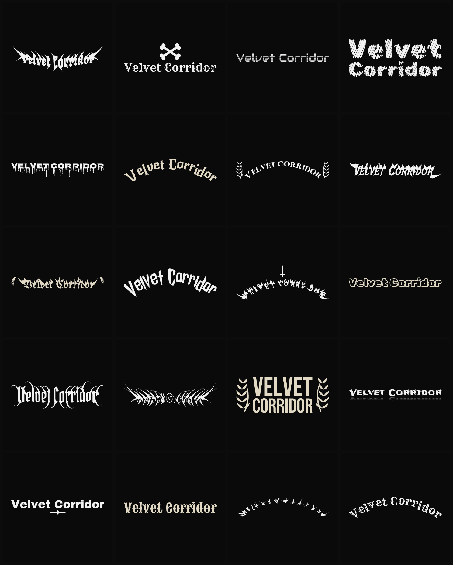 Twenty Velvet Corridor band logo ideas — different faces, treatments and spike settings