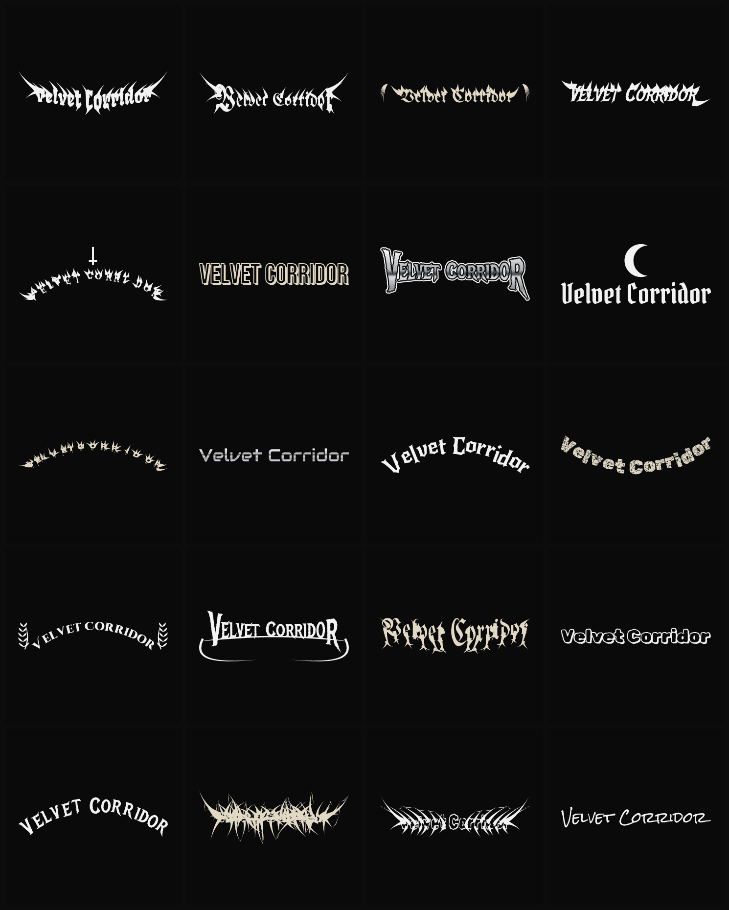 Twenty Velvet Corridor band logo ideas — different faces, treatments and spike settings