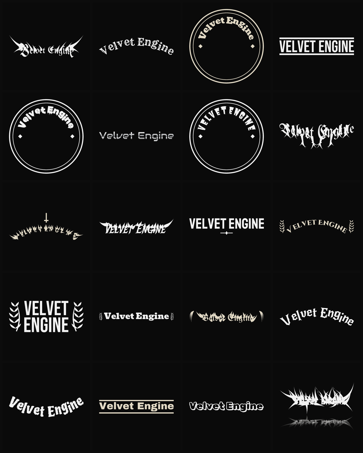 Twenty Velvet Engine band logo ideas — different faces, treatments and spike settings