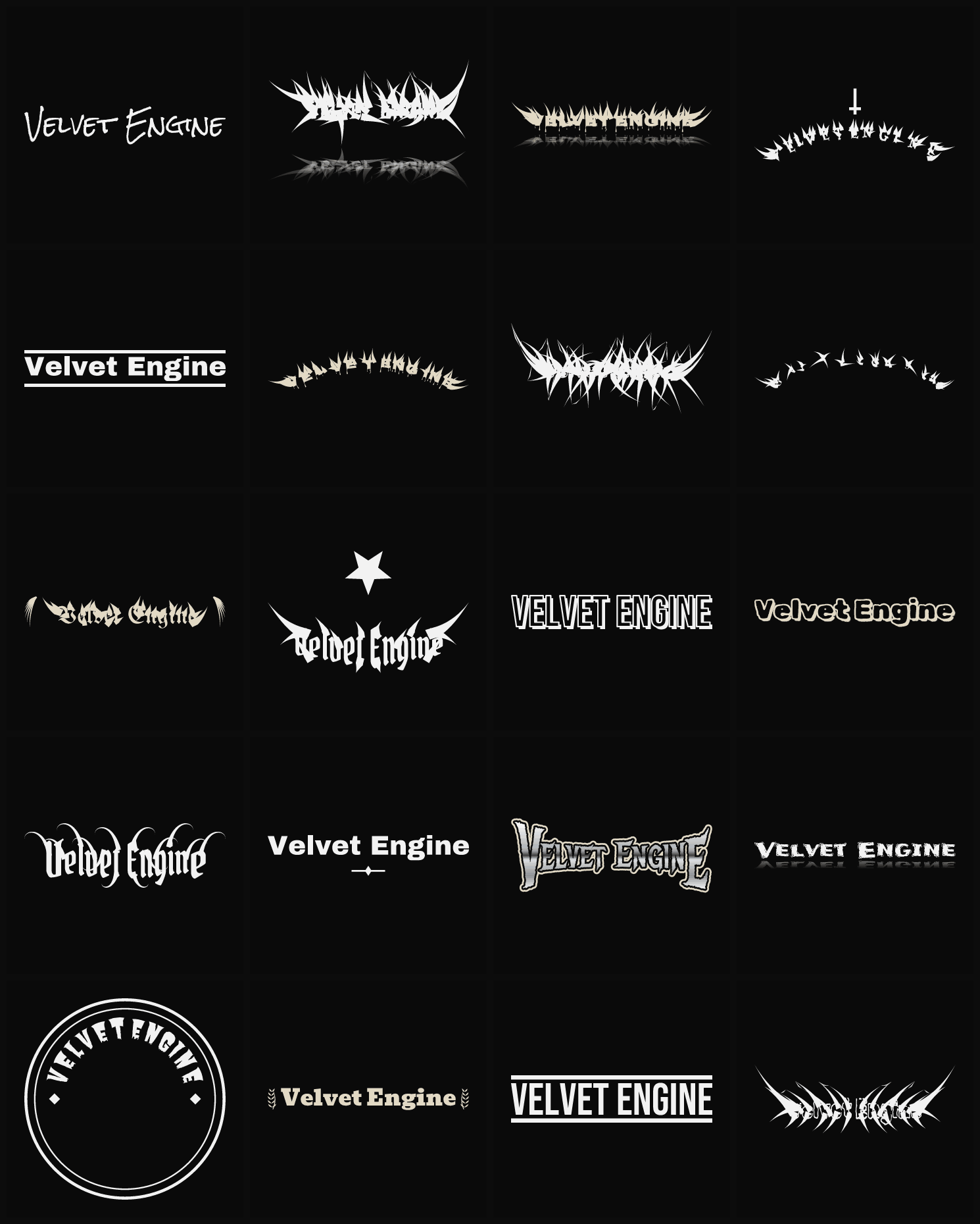 Twenty Velvet Engine band logo ideas — different faces, treatments and spike settings