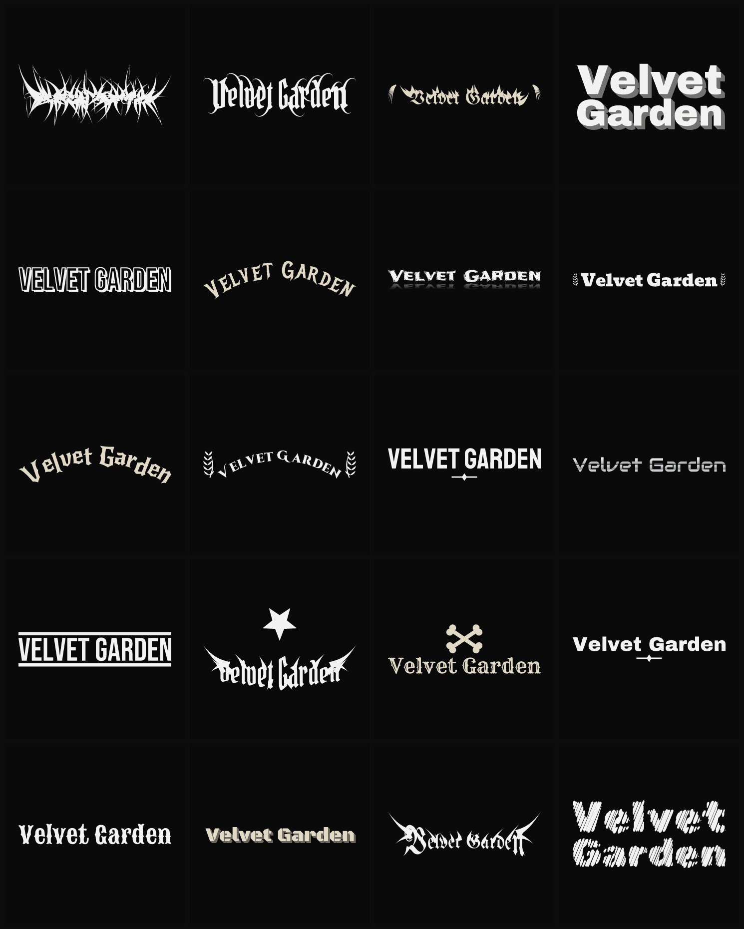 Twenty Velvet Garden band logo ideas — different faces, treatments and spike settings