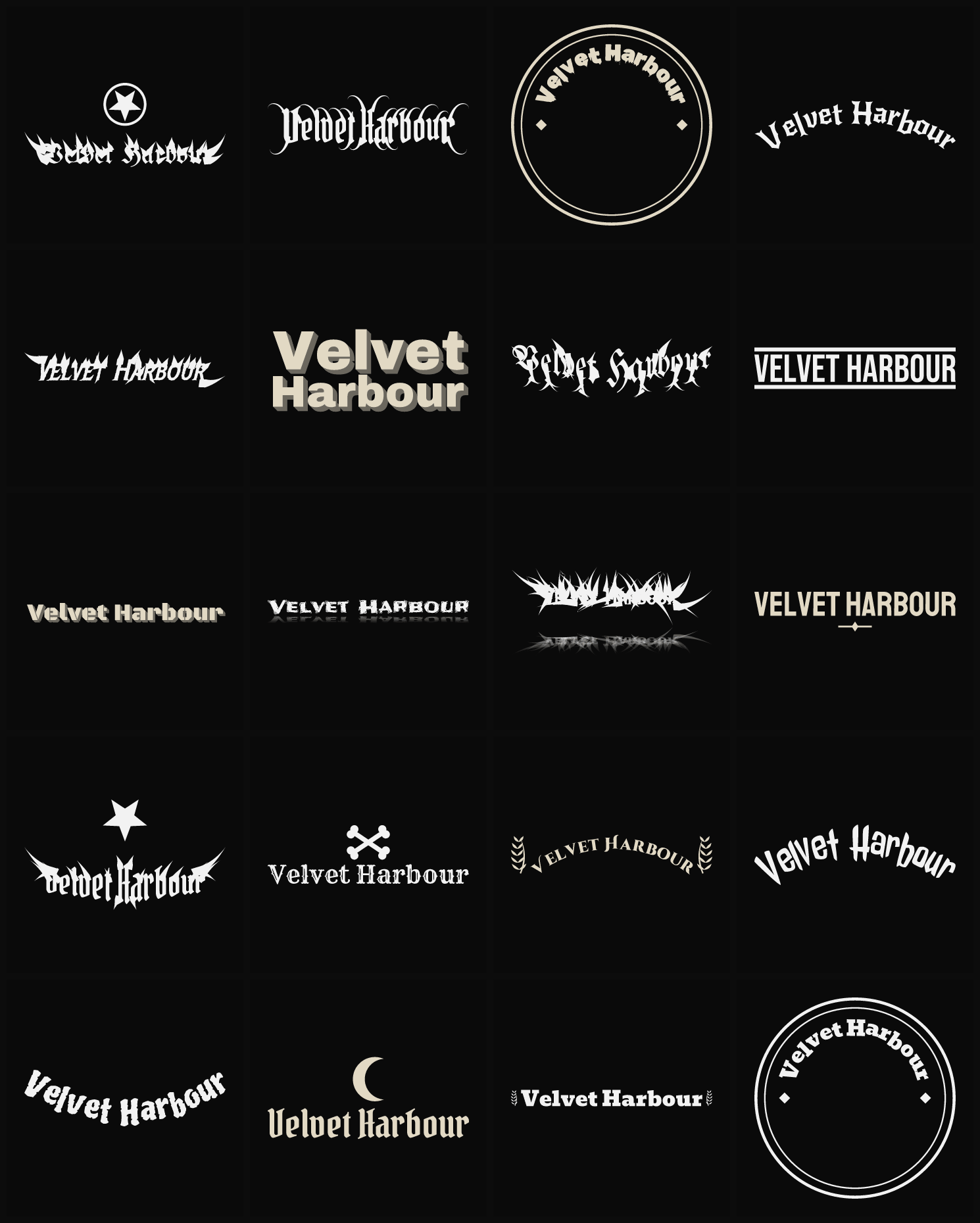 Twenty Velvet Harbour band logo ideas — different faces, treatments and spike settings