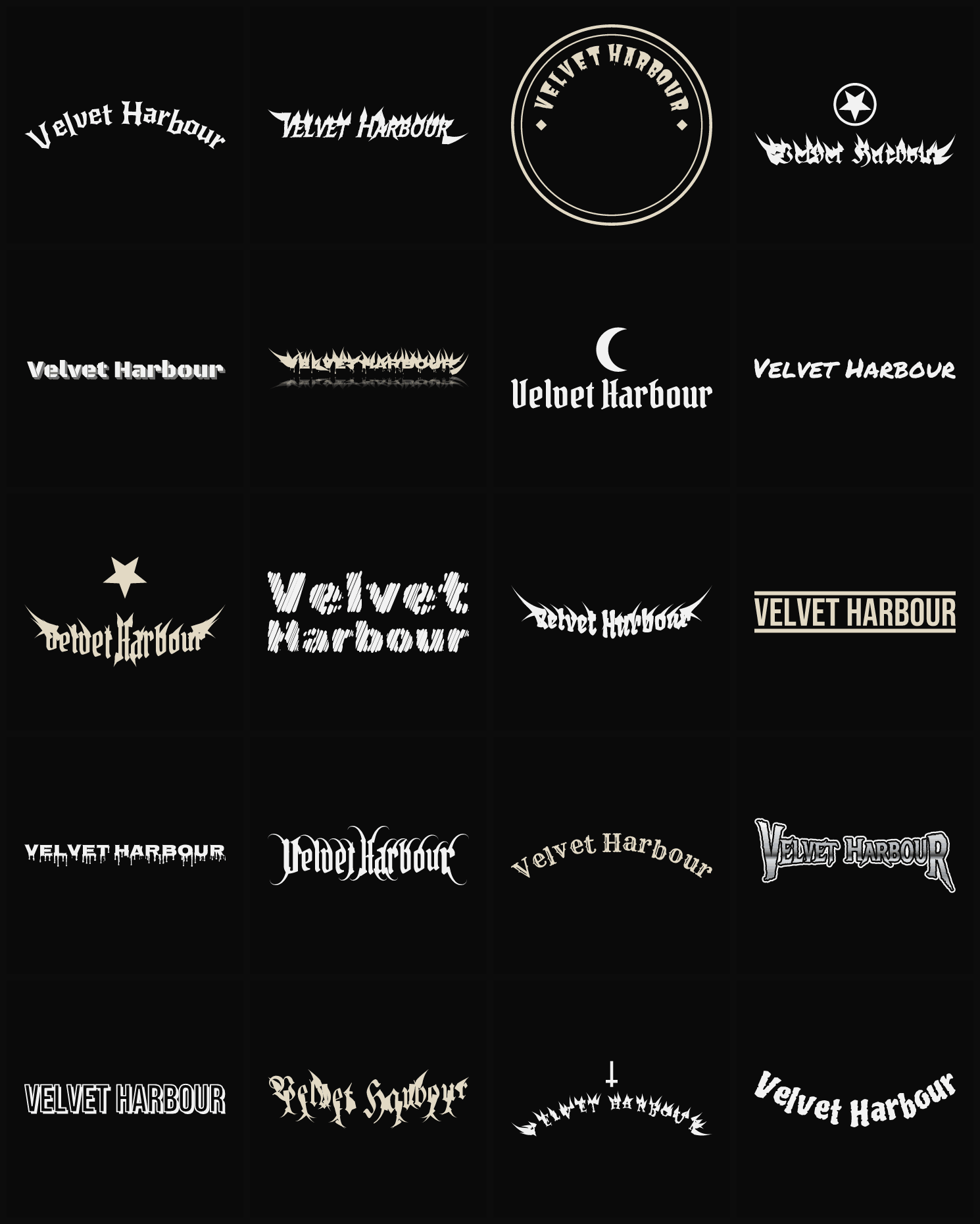 Twenty Velvet Harbour band logo ideas — different faces, treatments and spike settings