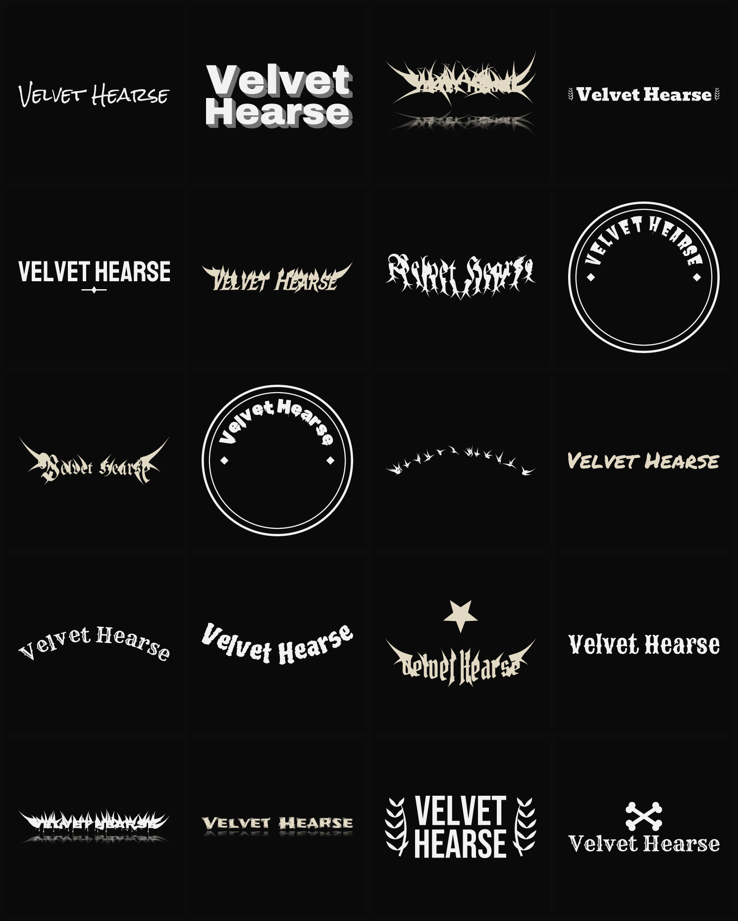 Twenty Velvet Hearse band logo ideas — different faces, treatments and spike settings