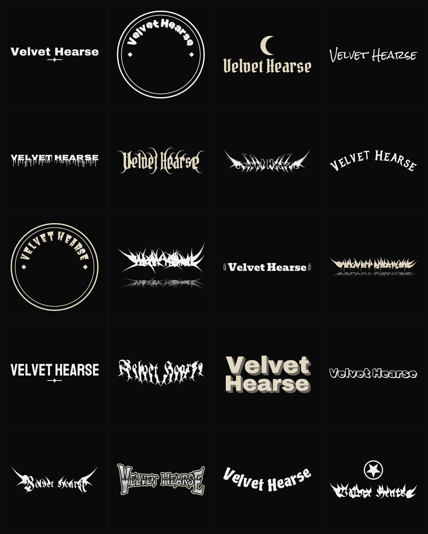 Twenty Velvet Hearse band logo ideas — different faces, treatments and spike settings