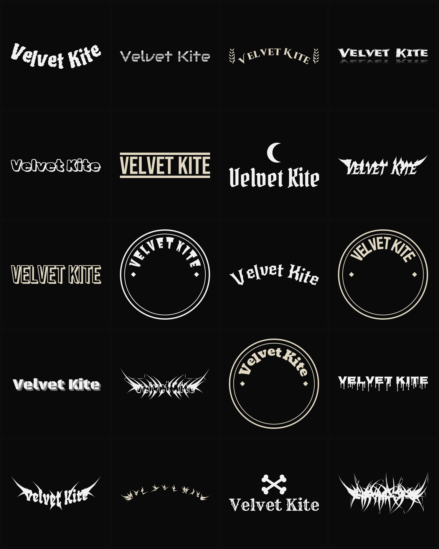 Twenty Velvet Kite band logo ideas — different faces, treatments and spike settings