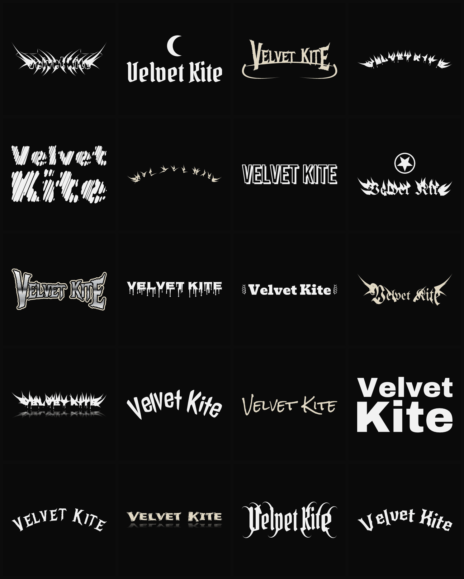 Twenty Velvet Kite band logo ideas — different faces, treatments and spike settings
