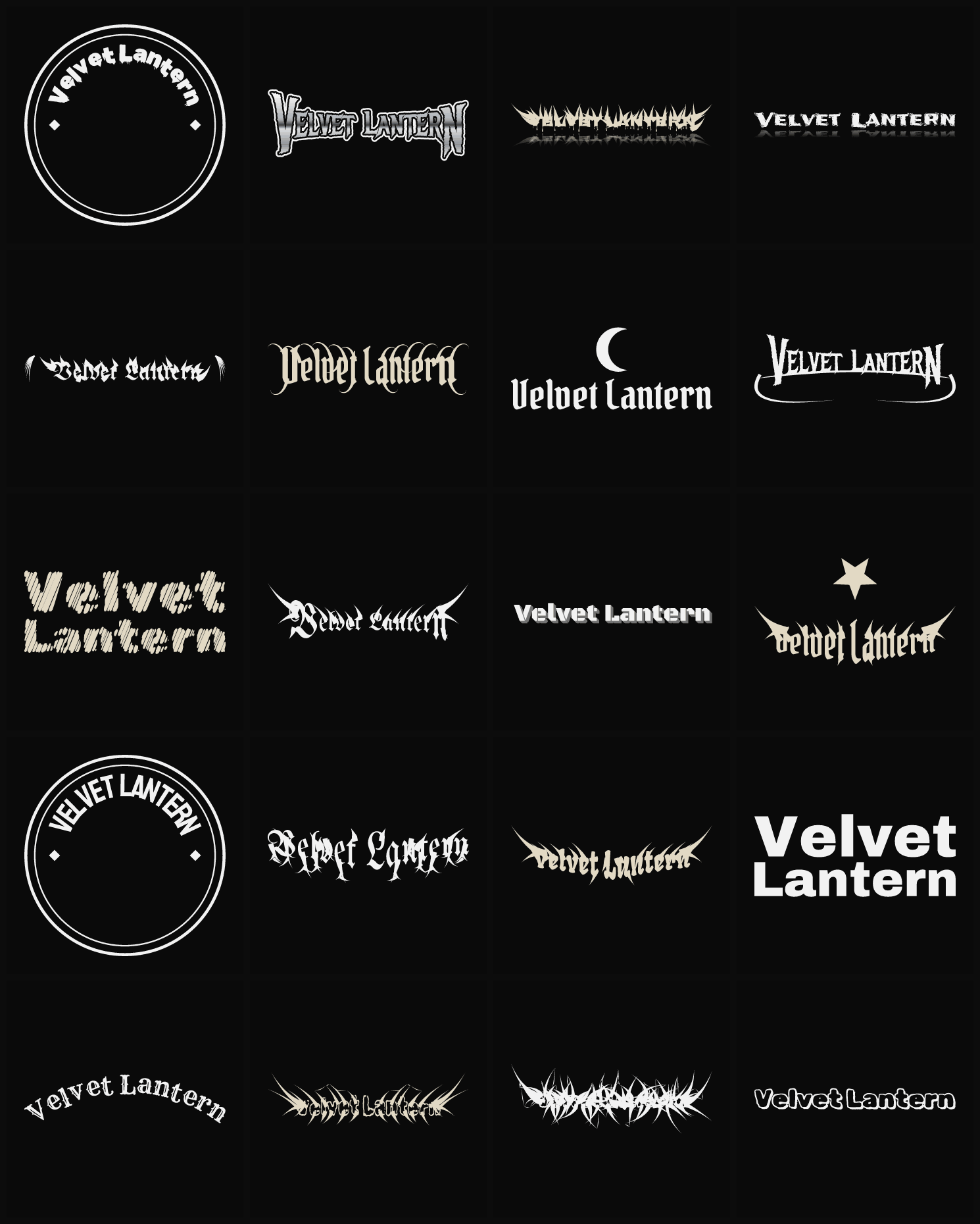 Twenty Velvet Lantern band logo ideas — different faces, treatments and spike settings