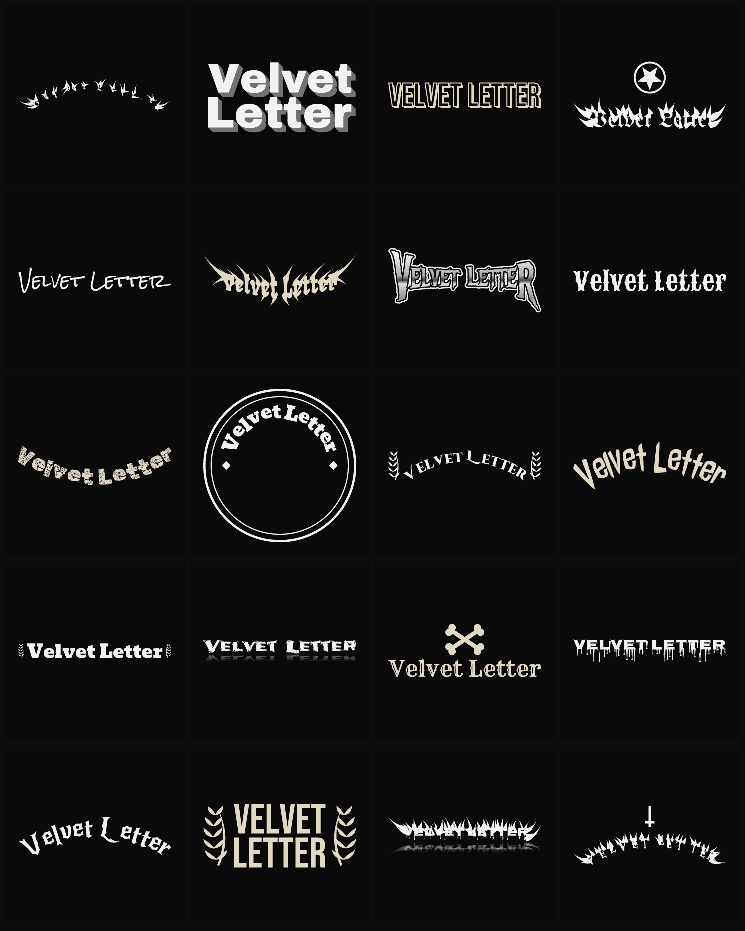 Twenty Velvet Letter band logo ideas — different faces, treatments and spike settings