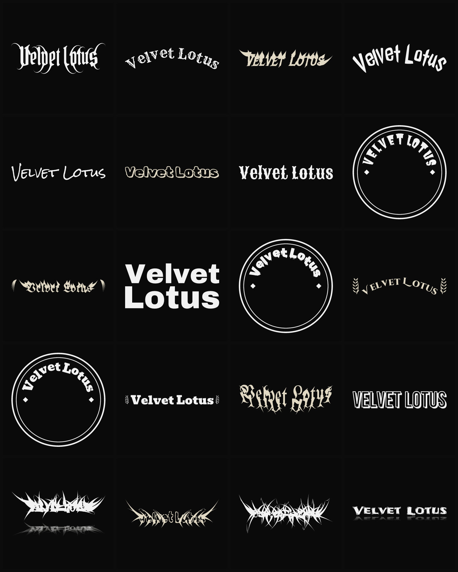 Twenty Velvet Lotus band logo ideas — different faces, treatments and spike settings