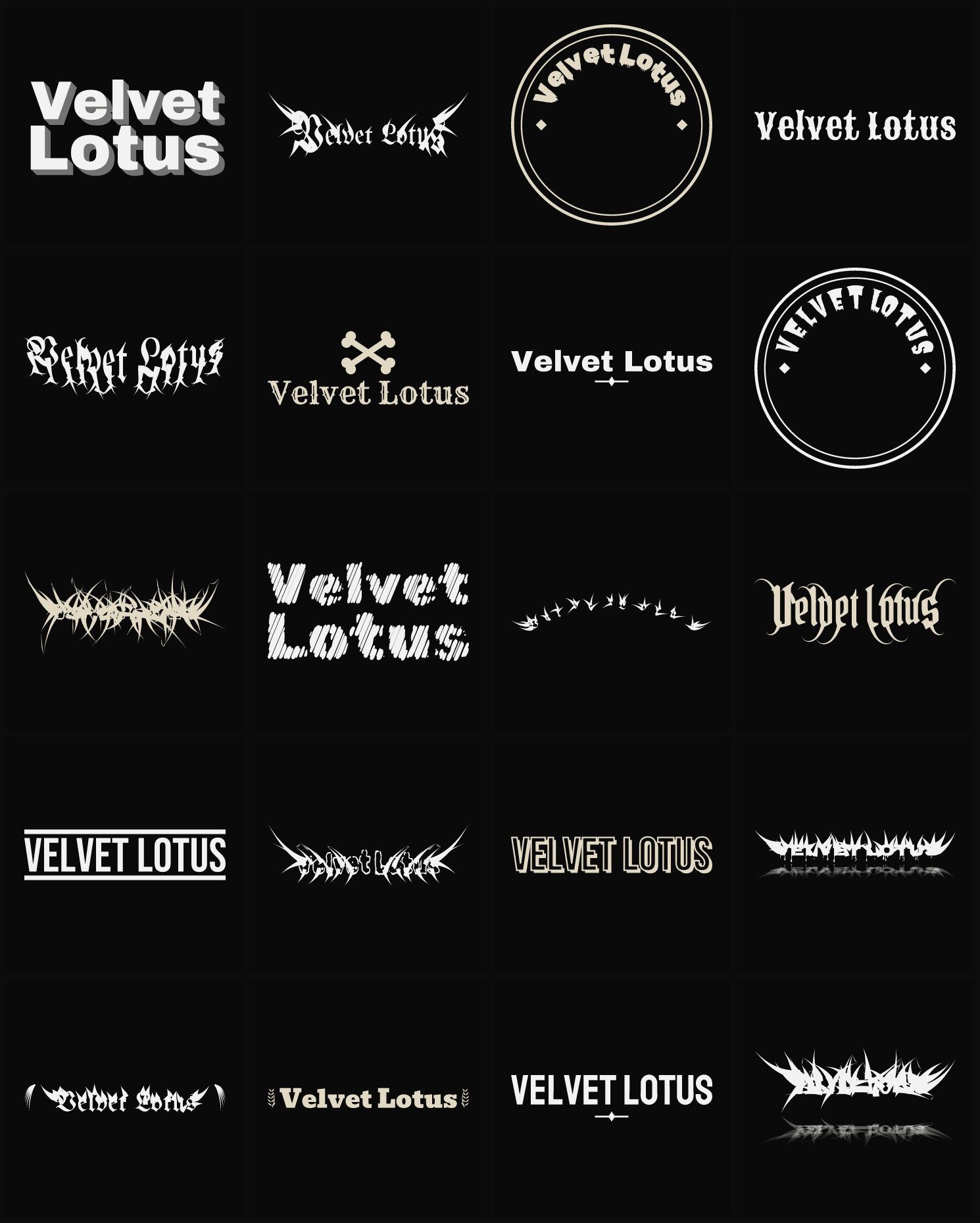 Twenty Velvet Lotus band logo ideas — different faces, treatments and spike settings