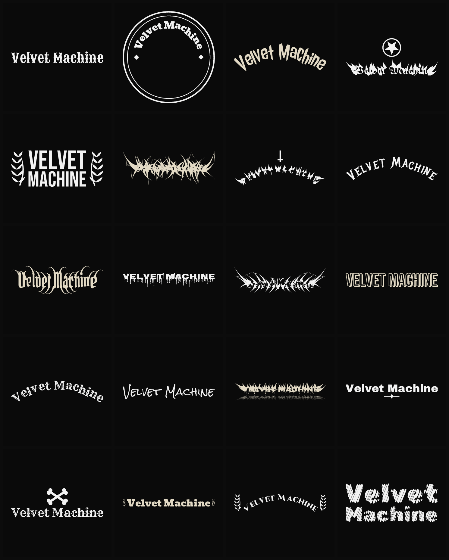 Twenty Velvet Machine band logo ideas — different faces, treatments and spike settings