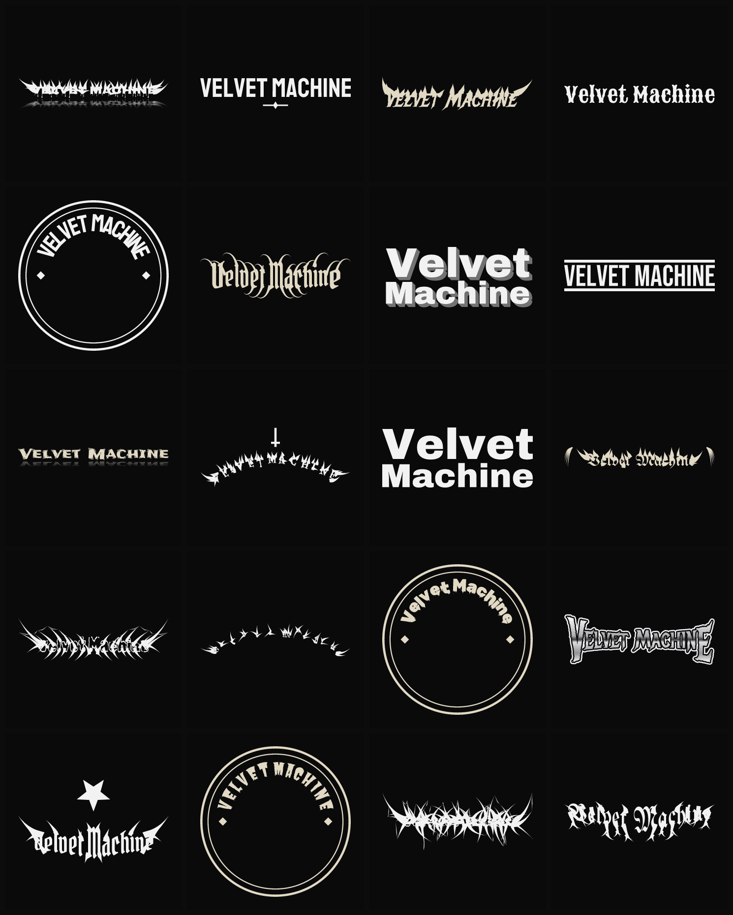 Twenty Velvet Machine band logo ideas — different faces, treatments and spike settings