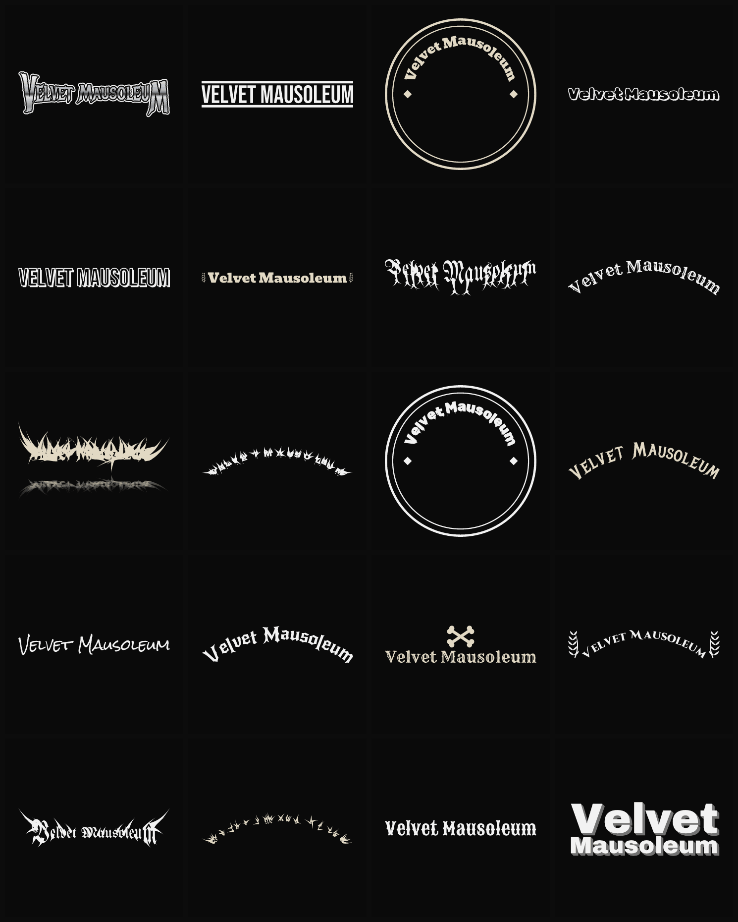 Twenty Velvet Mausoleum band logo ideas — different faces, treatments and spike settings