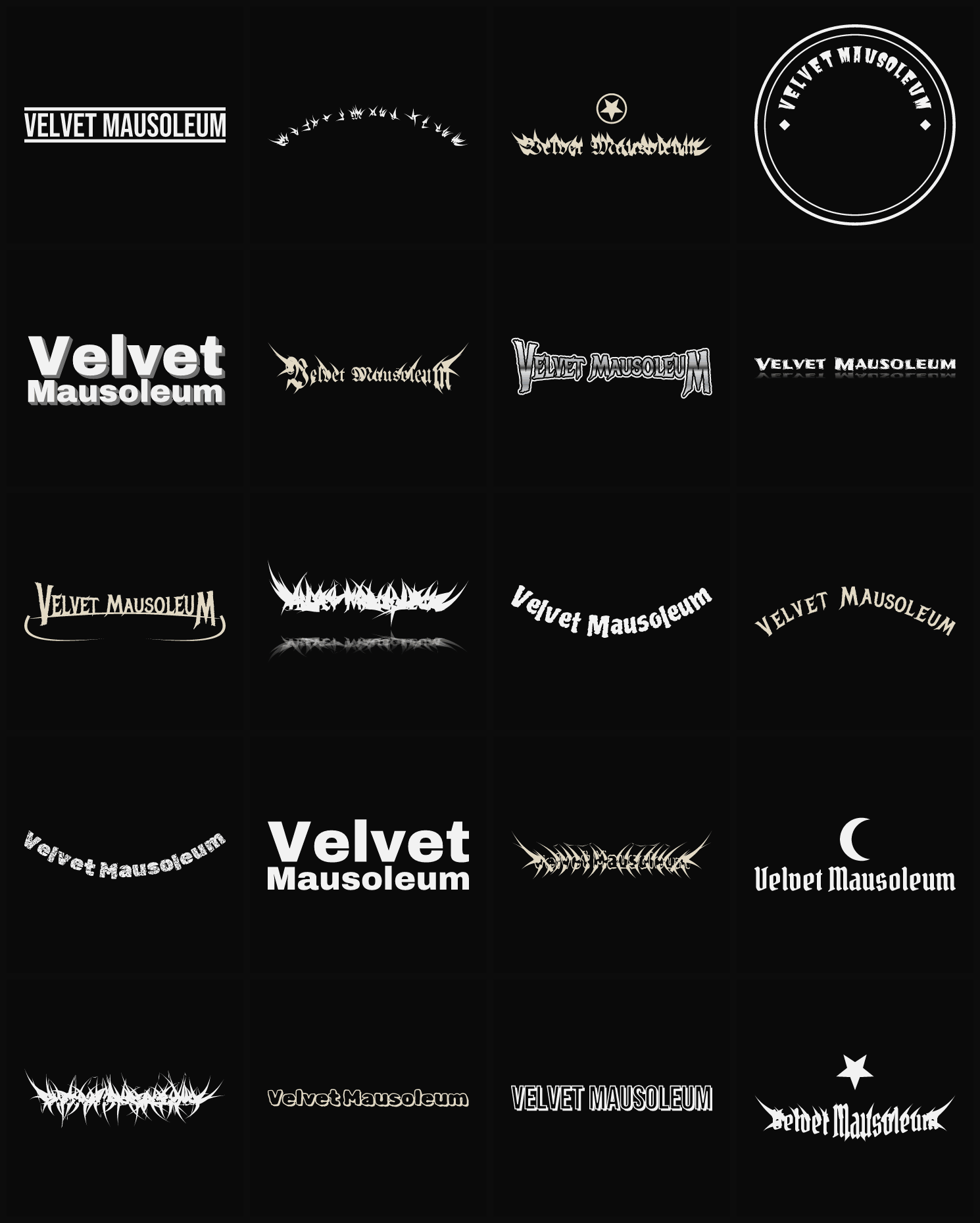 Twenty Velvet Mausoleum band logo ideas — different faces, treatments and spike settings
