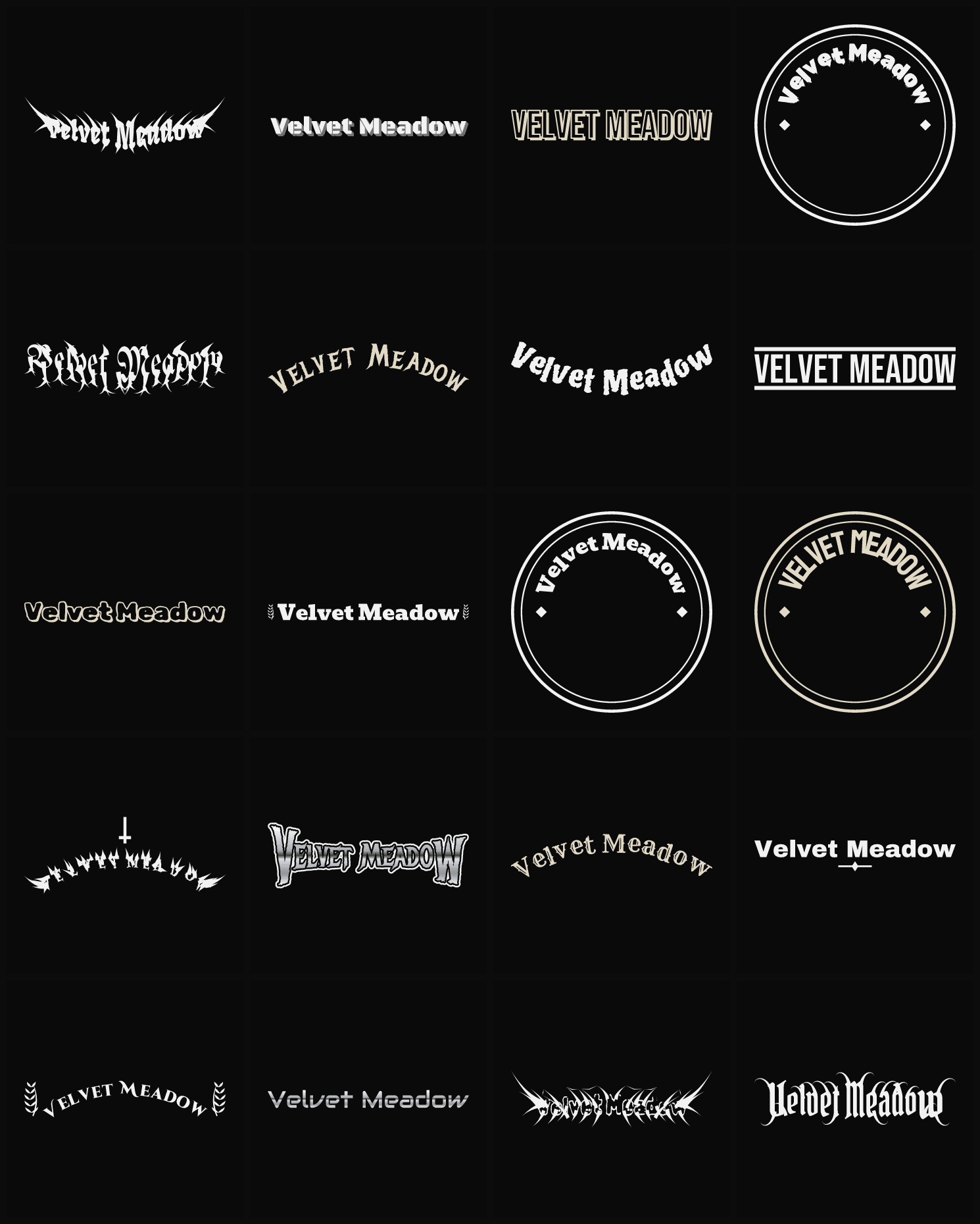 Twenty Velvet Meadow band logo ideas — different faces, treatments and spike settings