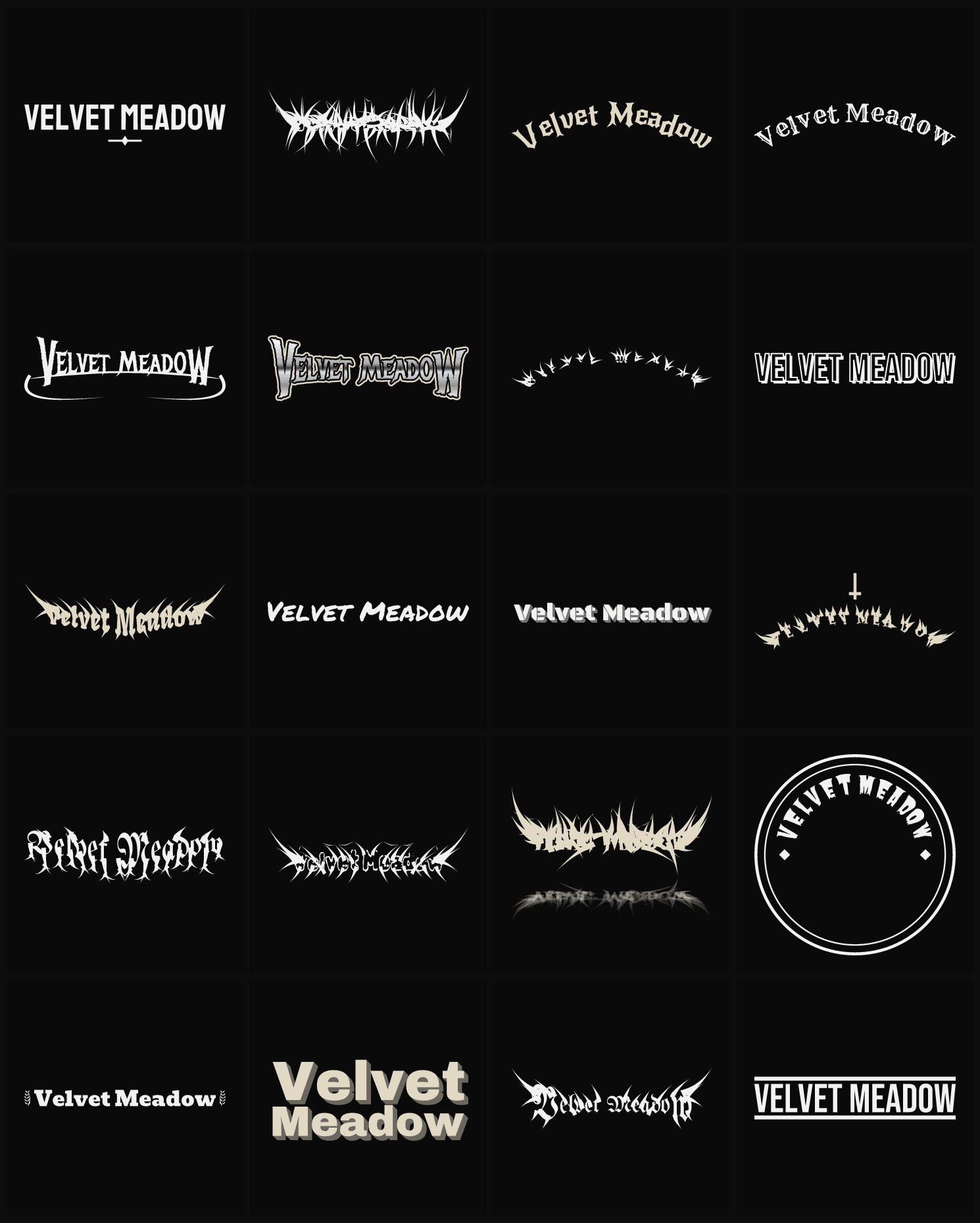 Twenty Velvet Meadow band logo ideas — different faces, treatments and spike settings