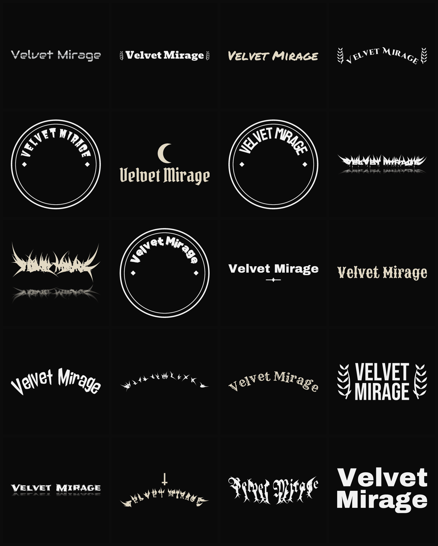 Twenty Velvet Mirage band logo ideas — different faces, treatments and spike settings