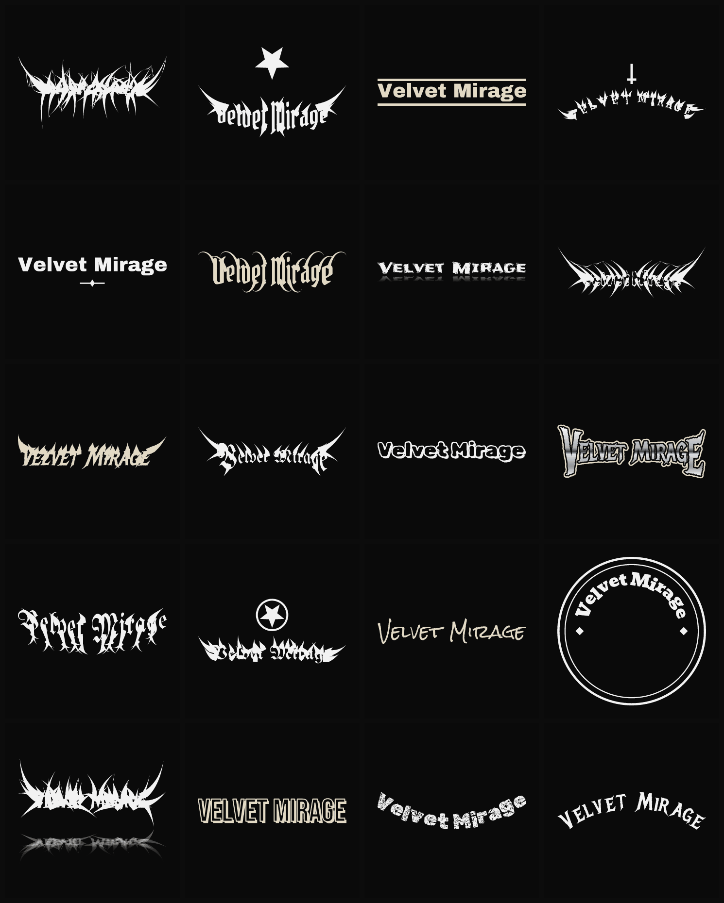 Twenty Velvet Mirage band logo ideas — different faces, treatments and spike settings
