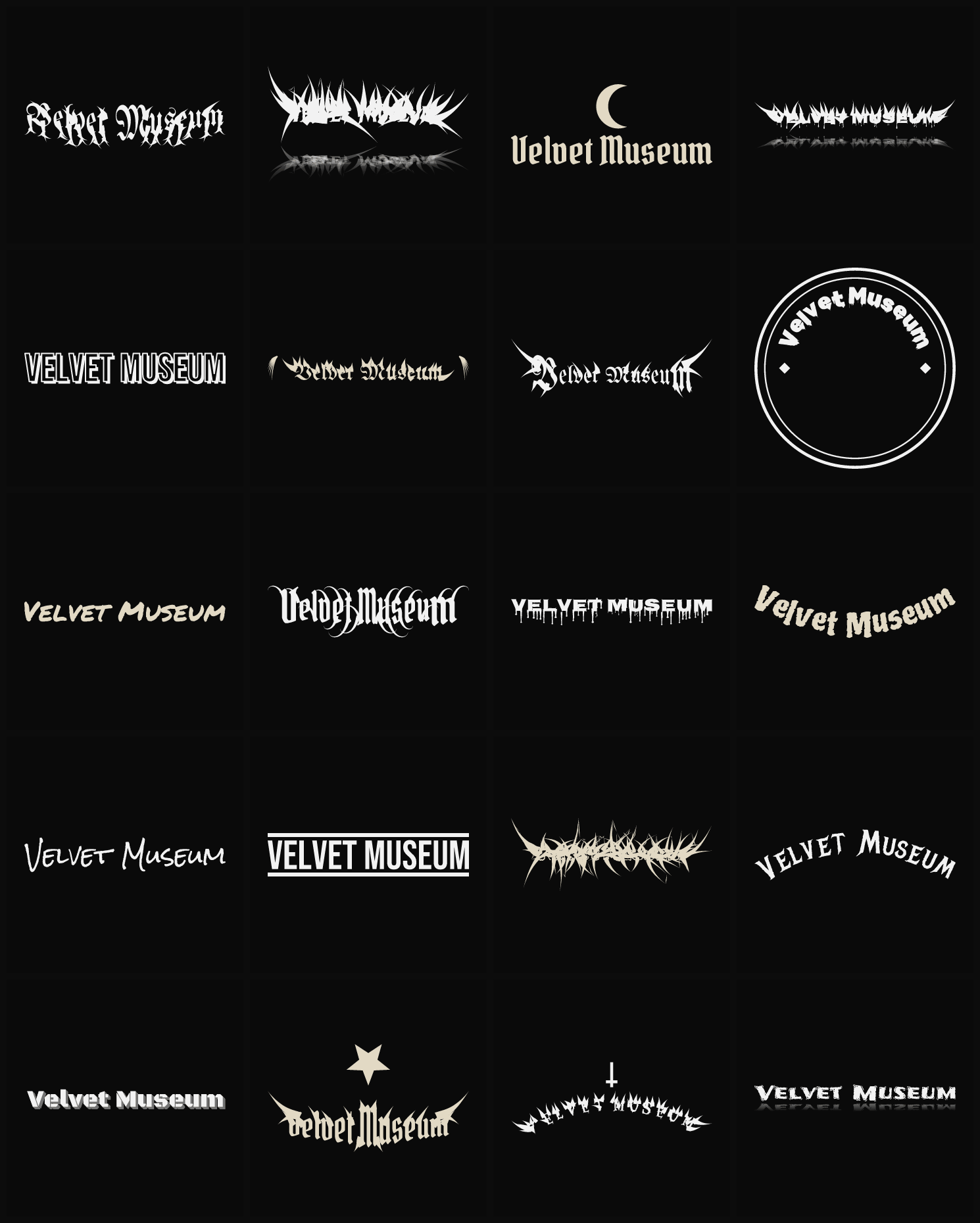 Twenty Velvet Museum band logo ideas — different faces, treatments and spike settings