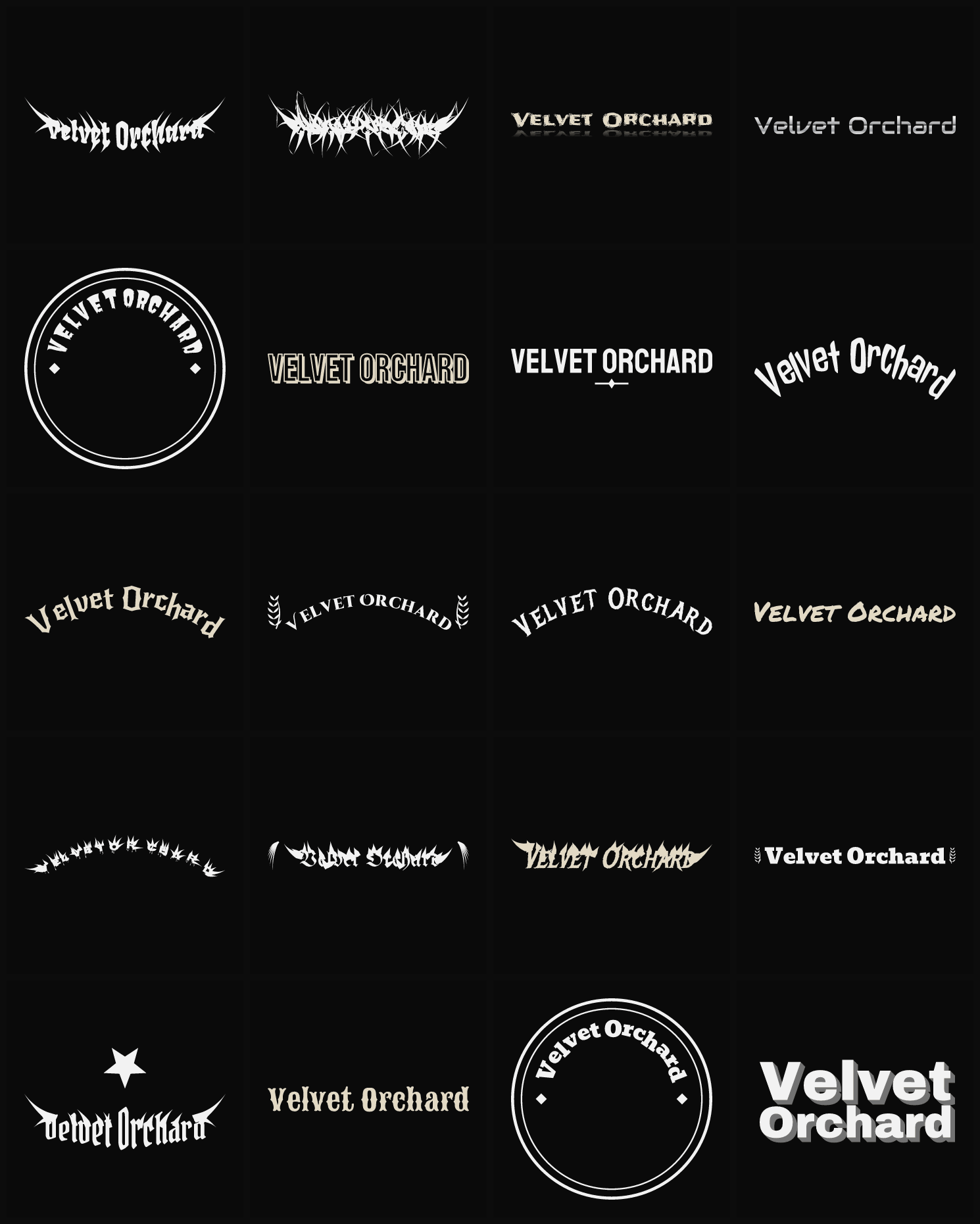 Twenty Velvet Orchard band logo ideas — different faces, treatments and spike settings