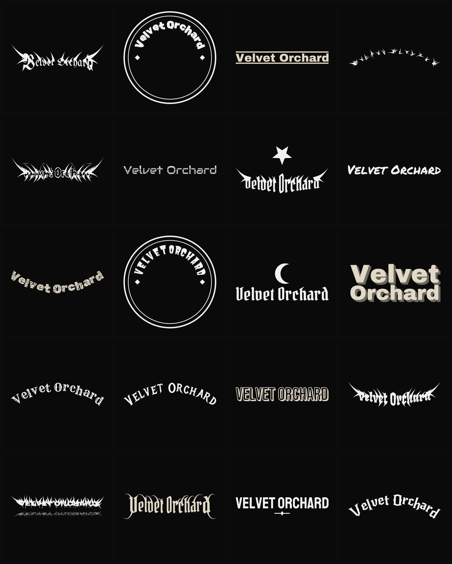 Twenty Velvet Orchard band logo ideas — different faces, treatments and spike settings