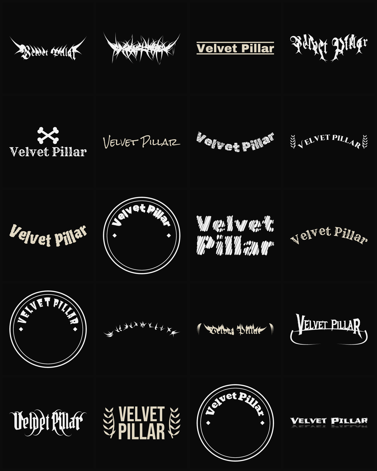 Twenty Velvet Pillar band logo ideas — different faces, treatments and spike settings