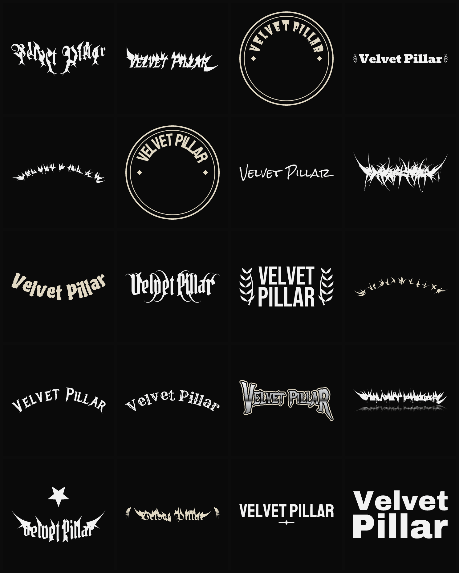 Twenty Velvet Pillar band logo ideas — different faces, treatments and spike settings