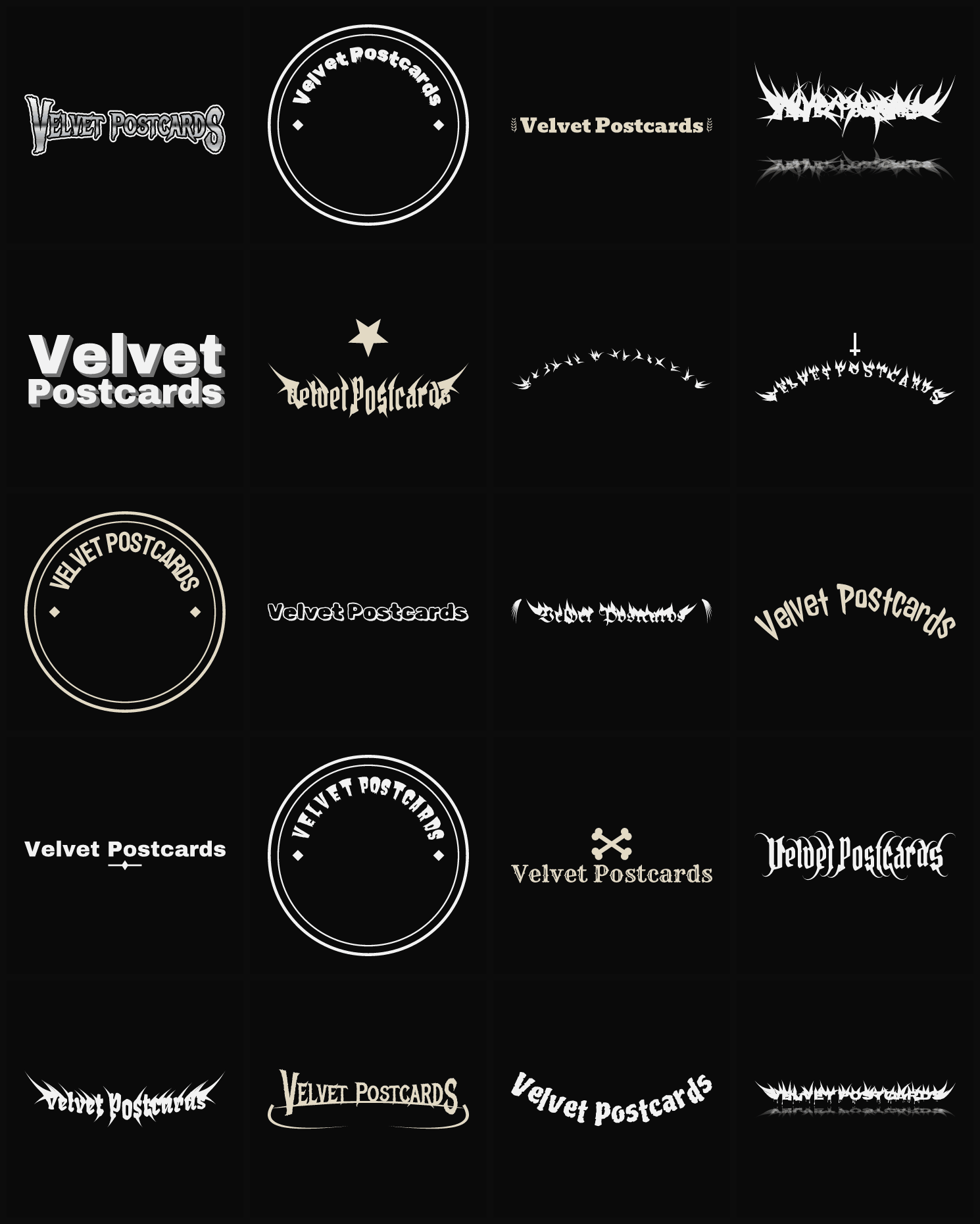 Twenty Velvet Postcards band logo ideas — different faces, treatments and spike settings