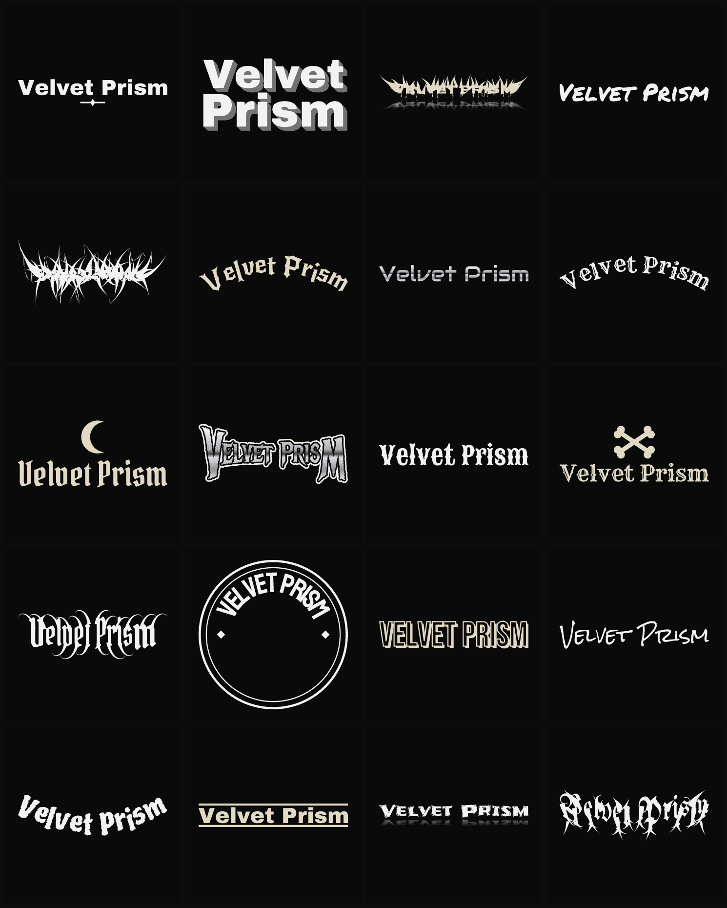 Twenty Velvet Prism band logo ideas — different faces, treatments and spike settings