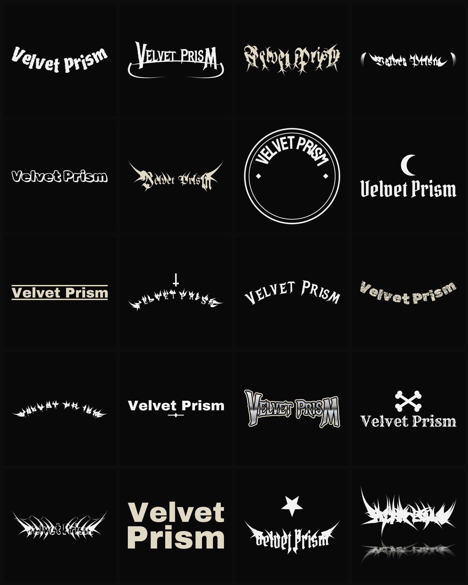Twenty Velvet Prism band logo ideas — different faces, treatments and spike settings